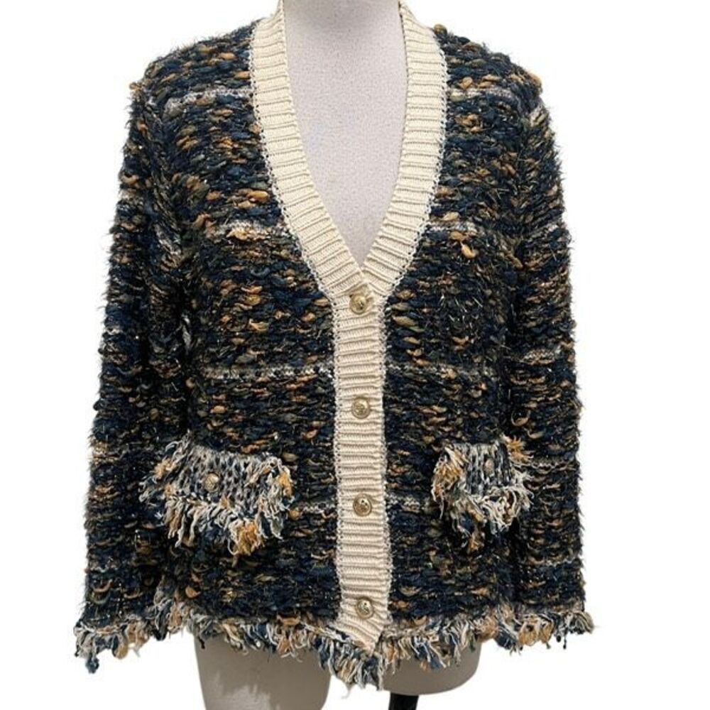 R Fashion Apparel Womens Tweed Eyelash Knit Frayed Cardigan Midnight L/XL NWT